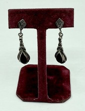 925 STERLING SILVER BLACK ONYX,MARCASITE DANGLE EARRINGS
