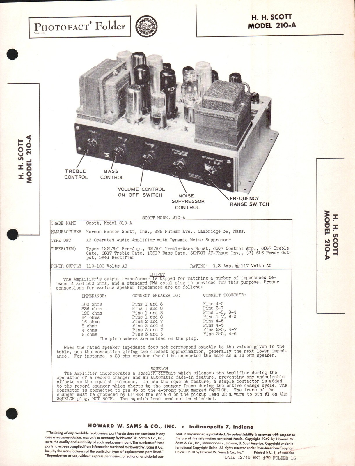 Sams Photofact HH Scott 210-A Audio Amplifier Manual w/ Schematics (original)