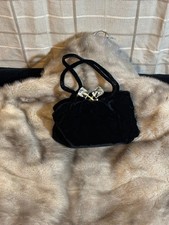 Vintage Black Velvet Evening Bag w/ Gemstone Clasp Gold Frame