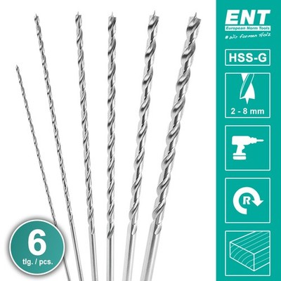 ENT 09246 6-tlg. Holzbohrer-Set, Ø 2-8 mm, extra lang 150/200 mm, in HSS-G
