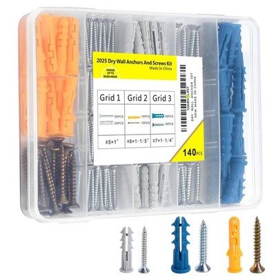 140pcs Drywall Anchors and Screws #5 (1 ), #6 (1-1/5 ), #7 (1-1/4 ), ferrous
