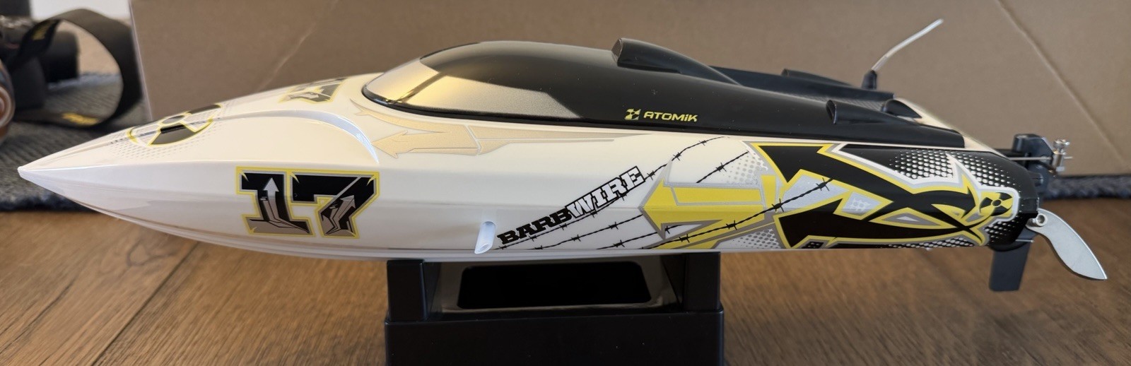 Atomik Barbwire 17 RTR Brushless Electric Racing RC Boat 1:24 White Black Yellow