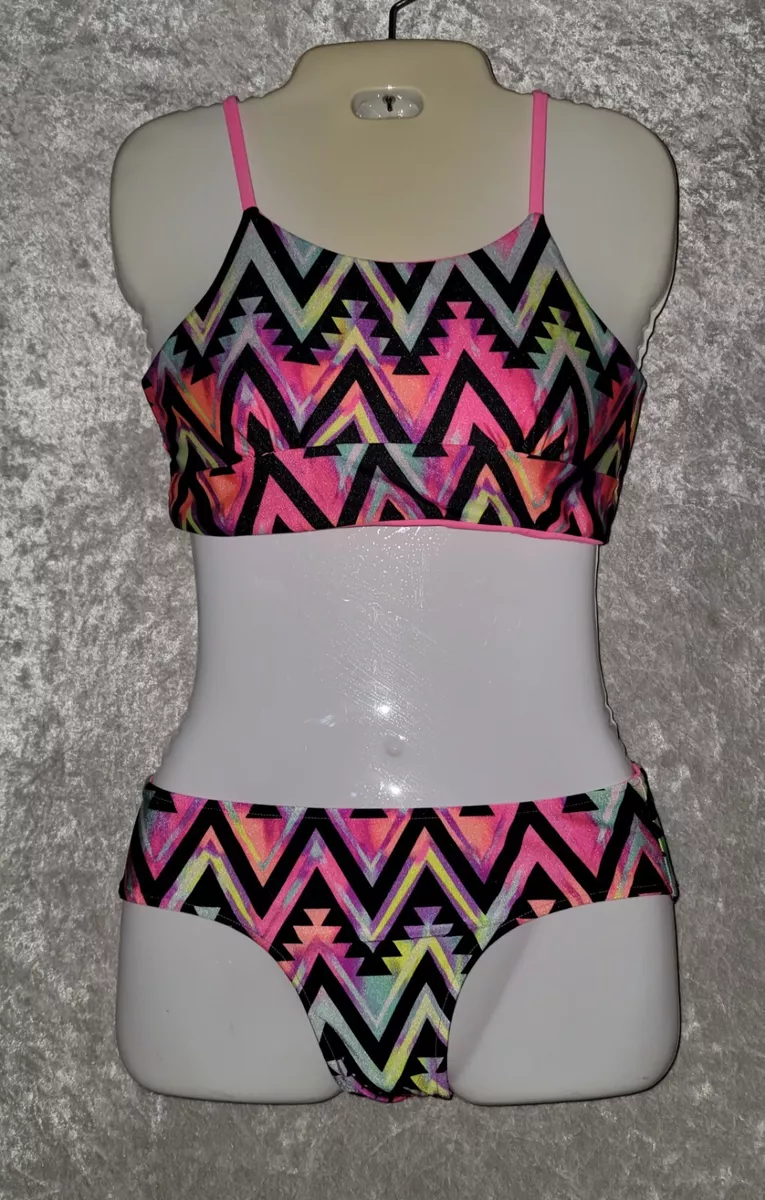 Girls Justice Reversible 2 Piece Bikini Size 12 Hot Pink & Neon Ombre  Chevron