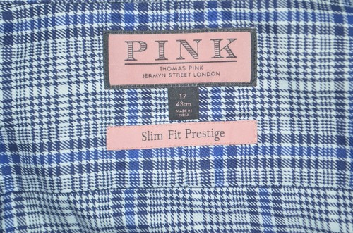 THOMAS PINK Prestige Slim Fit Navy Blue Plaid Cotton Dress Shirt Sz 17 36/37 - Picture 3 of 4