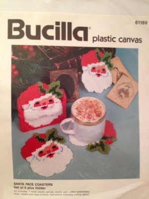 ?NEW? 1993 Bucilla Plastic Canvas 61169 SANTA FACE COASTERS Set of 6 plus Holder