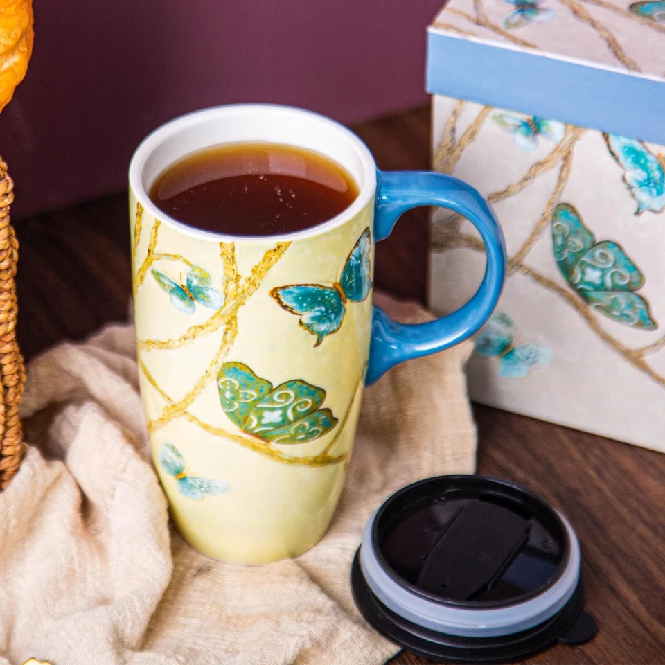 Taza de café de cerámica taza de té con leche de porcelana con tapa tazas de café novedosas de 17 oz para Foto 3 de 4