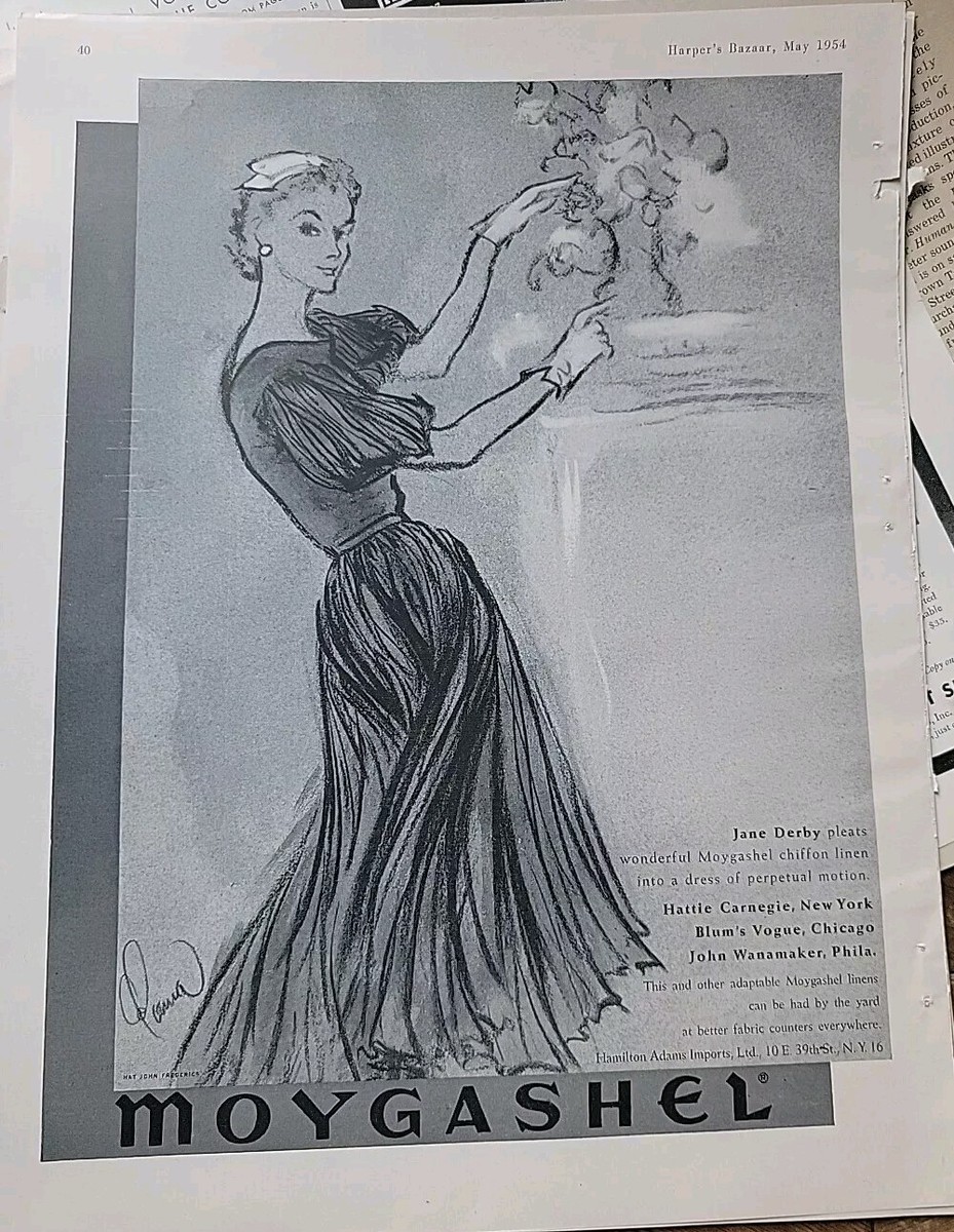 1954 Women's Moygashel chiffon linen Jane Derby dress vintage fashion art ad
