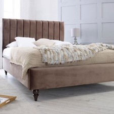 Image of Modern Plush Velvet Upholstered Fabric Bed Frame with Floor Standing Headboard