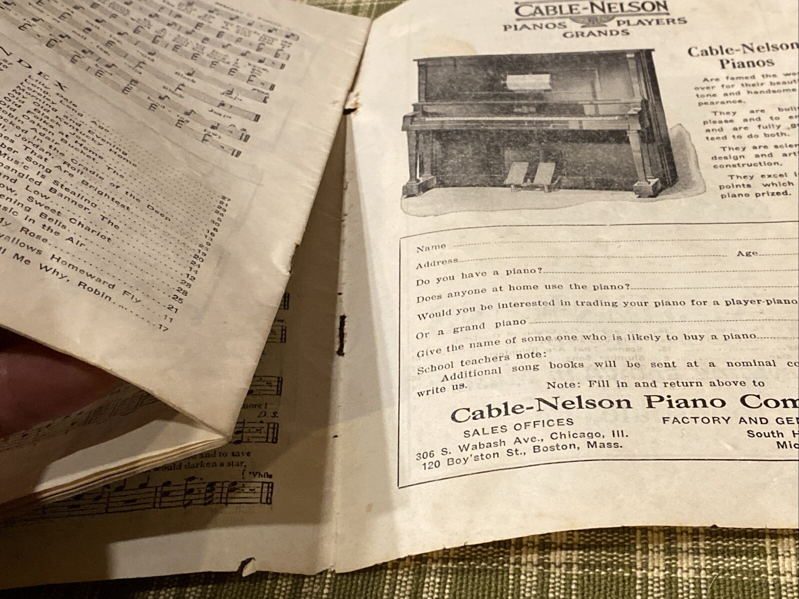 Antique 1908 Cable Nelson Piano Co FA Jenkins Honesdale Sheet Music Advertising