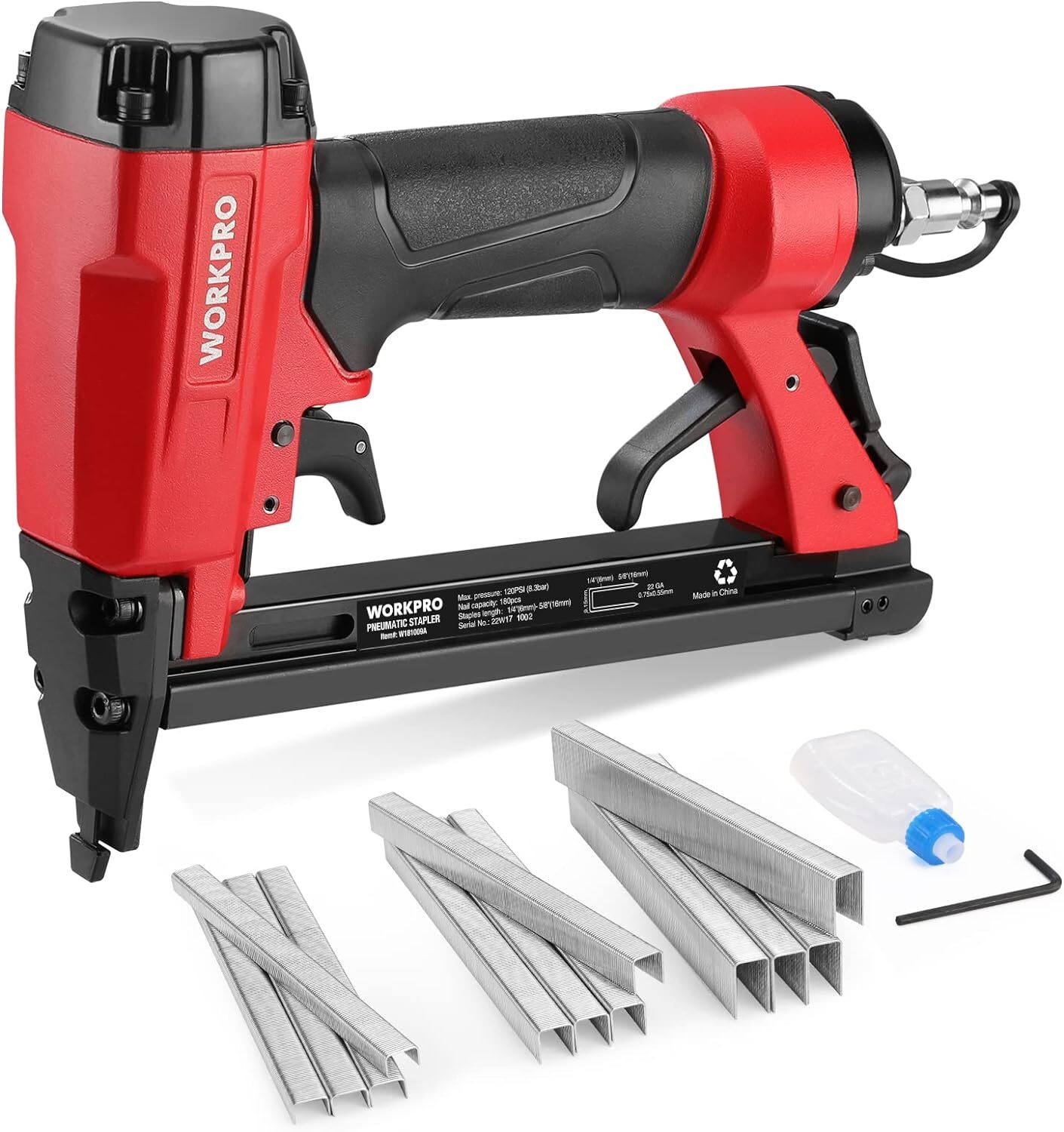 WORKPRO Pneumatic Staple Gun 20-22 Gauge Upholstery Stapler Air-Powered w/Staple