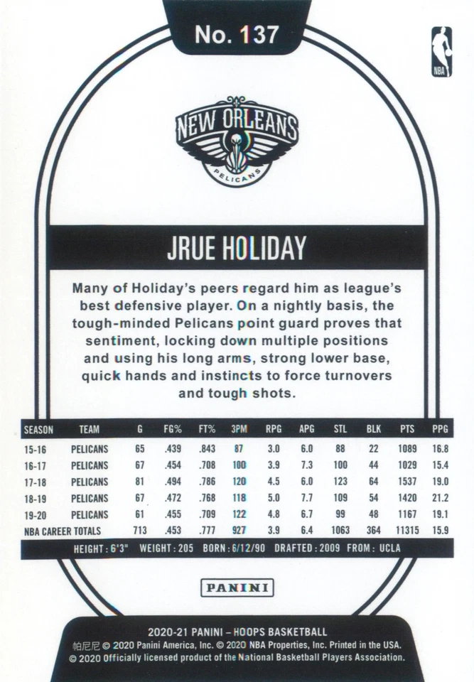 Jrue Holiday 2020-21 NBA Hoops Basketball Base Card #137 New Orleans Pelicans - Image 2 of 2