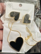 Stainless Steel Matching Black Heart Earrings, Adjustable Necklace Set