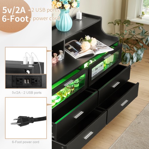6-Drawer Nightstand - 2 Tempered Glass LED Lighting Drawers & Black Beside Table - Picture 4 of 24