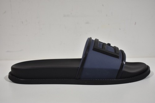 Fendi Mens Baguette Rubber Blue Black Logo Flat Slide Sandal Flip Flop UK 8 US 9 - Picture 3 of 12