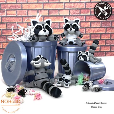 Articulated Racoon with Trash Can, 3D Printed Flexi Racoon Fidget