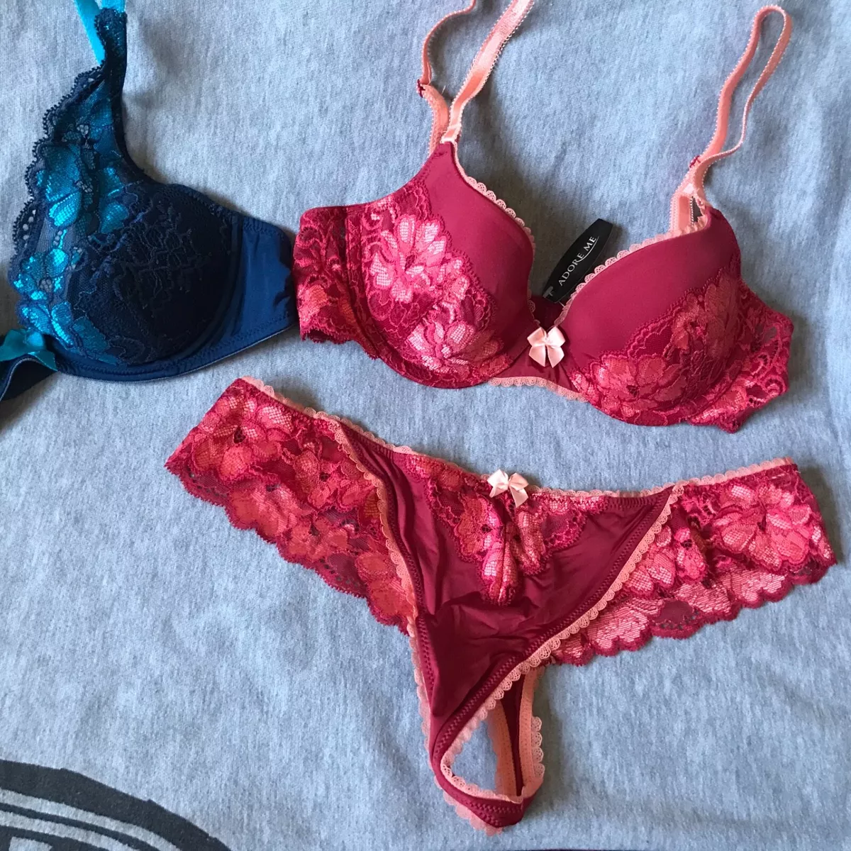 Adore Me Lingerie Bra Panty Set 32B Small Thong Jaydeen Contour Red Blue  Lot 3