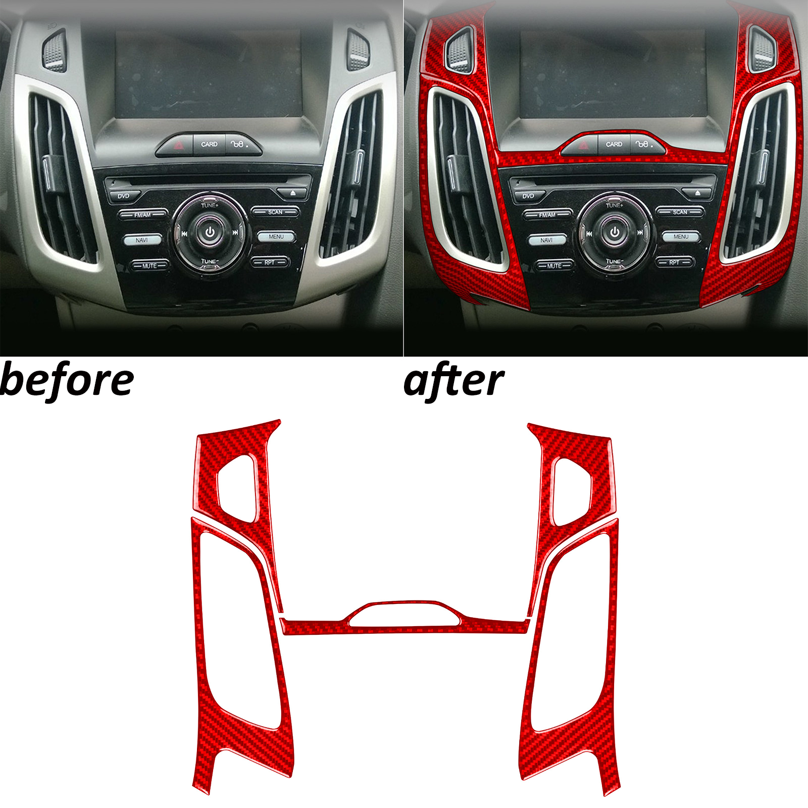 5Pcs Red Carbon Fiber Console Air Vent Outlet Panel Trim For Ford Focus 2012-14