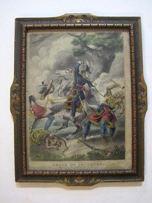 Currier & Ives Death Of Tecumseh Hand Colored Lithograph Original 1841