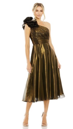 Mac Duggal Rosette One-Shoulder Tea Length Cocktail Midi Dress 6 Iridescent NWT