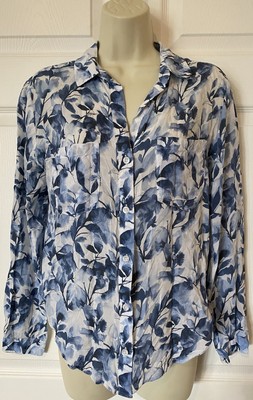 Cloth & Stone Anthropologie Button Down Shirt Indigo Floral Leaf Blue White Sz S