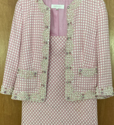 ESCADA Damen Kostüm Anzug-Set Tweed Hahnentritt rosa/weiß Jacke+Rock 36