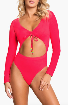 NWT Maaji Cherry Red Rose Long-Sleeve Reversible One Piece Swimsuit, size S 