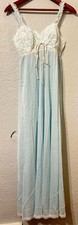 Vtg 70s Small Light Blue White Soft Padded Bra Top Nylon Nightgown Lace Maxi
