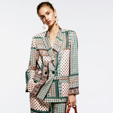 NWT ZARA Retro Patchwork Printed Multicolor Satin-Effect Blazer, Sz S