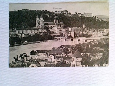 Passau, Blick zum Dom, Brücke, Ansichtskarte, gelaufen 1908