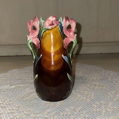  French Majolica Barbotine Vase Numbered 6335 Brown - Pink Green Flowers Vintage