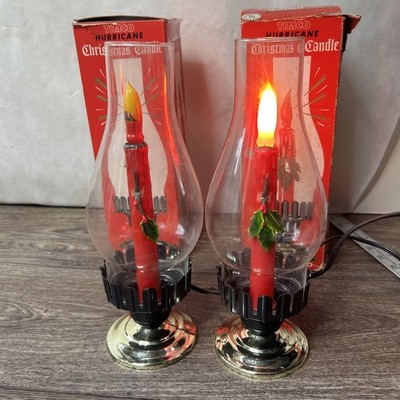 2 TIMCO Vintage Flame Christmas Hurricane Glass Candle Lamp Lights 11'' Tested 
