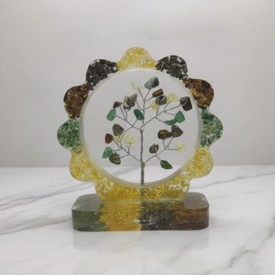 7 Chakra Crystal Tree of Life with Floral Resin Frame, Reiki Healing Home Decor