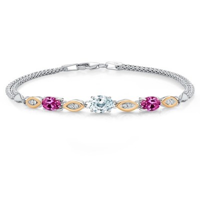 925 Silver and 10K Yellow Gold Aquamarine and Pink Created Sapphire and White
