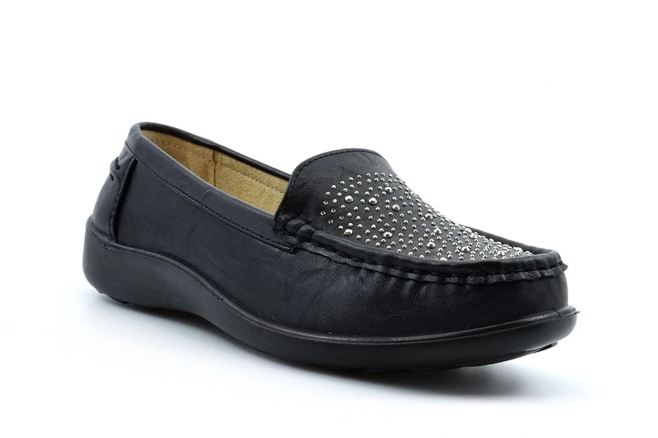 Dr Lightfoot Womens Diamante Slip On Shoes Low Wedge Heel Ladies Loafers Flats - Image 3 of 4