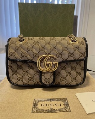 Gucci GG Marmont Shoulder Bag Beige Ebony Canvas receipt + box included