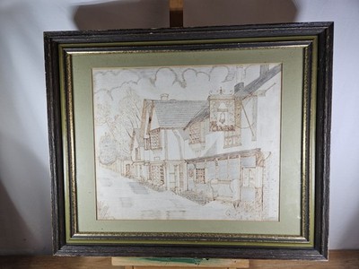 YE OLDE BELL HURLEY PYROGRAPHIE POKERARBEIT SIGNIERT CSW 1982 ENGLISCHE PUB KUNST