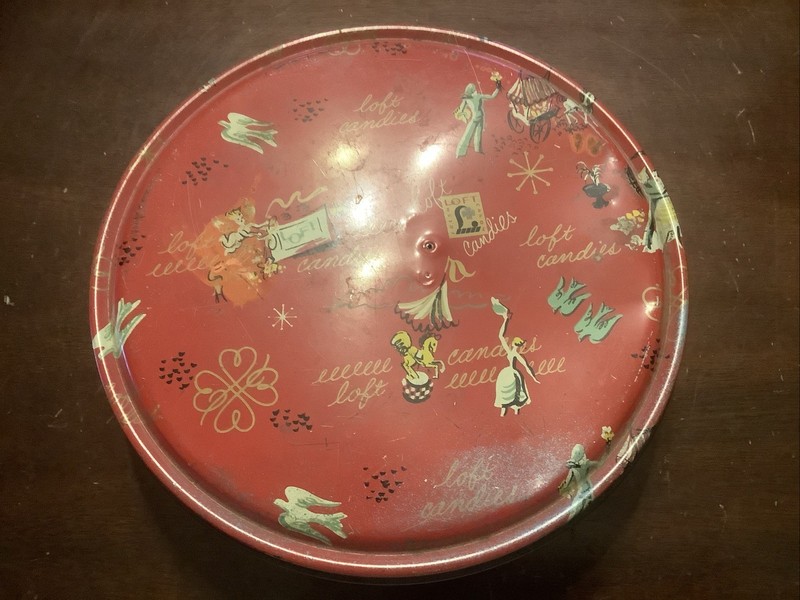 Vintage Red Loft Candies Tin 8.5x2.25” Doves, Hearts Carousel