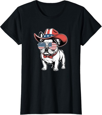 Cute French Bulldog USA American Flag 4th of July, Fu Ladies' Crewneck T-Shirt