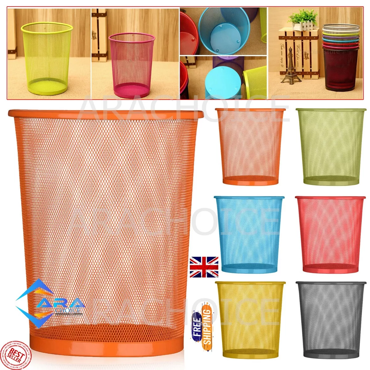 Colourful Mesh Waste Paper Basket Office Metal Dustbin Rubbish