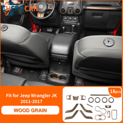 18PCS Wood Grain Center Console Steering Cover Trim For 11-17 Jeep Wrangler JK
