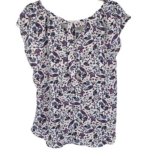 NWOT Lauren Conrad Floral Blouse White Blue Cap Sleeve Top Medium Semi Sheer - Picture 2 of 3