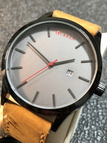 Men’s Black Quartz Watch Gray Dial W/Date Brown Leather Band 8” 45mm New Battery - Picture 19 of 19