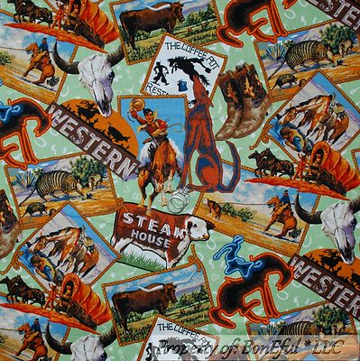 BonEful FABRIC FQ Cotton Quilt Cowboy Horse Coffee Western Scenic Texas Longhorn