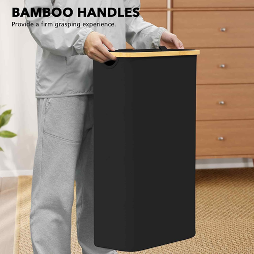 Cesto Portabiancheria Slim con Coperchio, 65L Cestino Porta Abiti Stretto con Manici in Bambù, - Foto 6 di 12