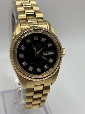 Vintage Armitron Diamond Ladies Date Day Black Dial Gold 