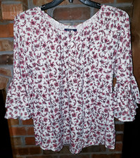 Chaps-Lg-White with Pink flowers, 1/2 Button,  3/4 Layered Flare Sleeves