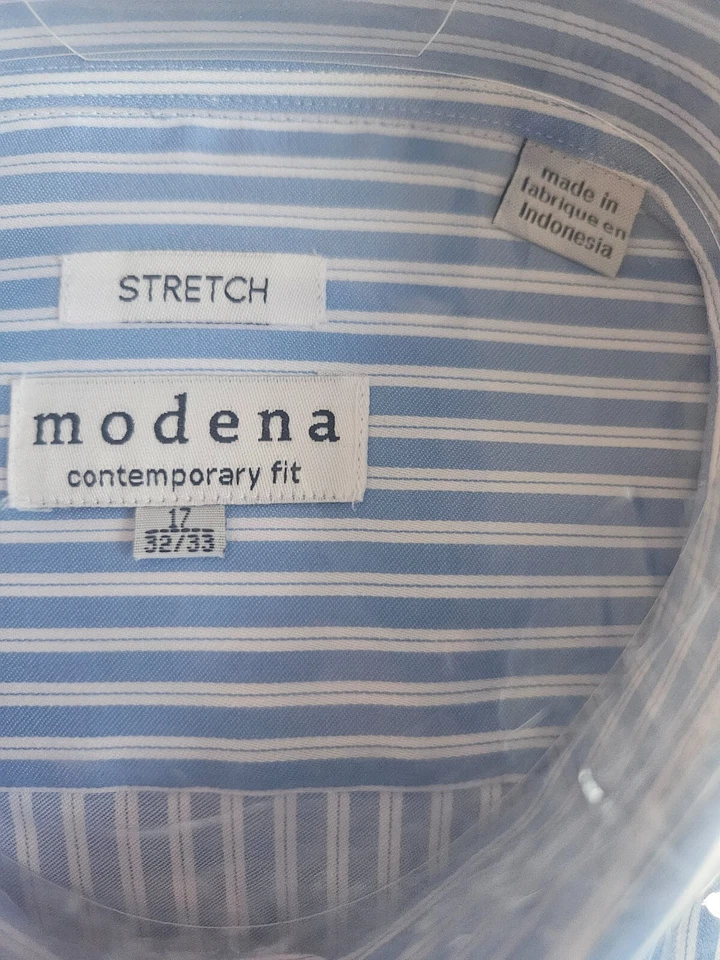 SIZE 17 32/33 MODENA (NEW) Blue & White Long Sleeve Dress Shirt Lot 53 - Image 2 of 3