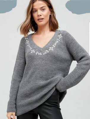 V By Very Jewel Knitted Relaxed Jumper Size UK 8- Grey 