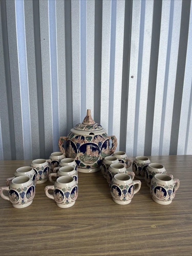 Vintage Stoneware GERZ German Ceramic Tureen Punch Bowl 14 Cups Set W  Castles