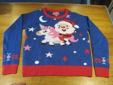 Kids Ugly Christmas Sweater With Santa On a Unicorn Size L 14-16 Free Shipping